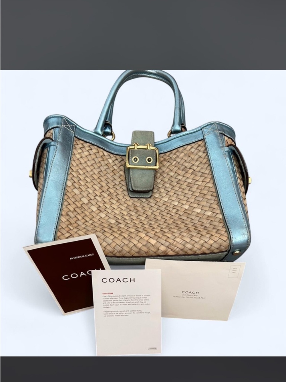 Woven Tote with Metallic Blue Trim and Center Buckle - Picture 5 of 5